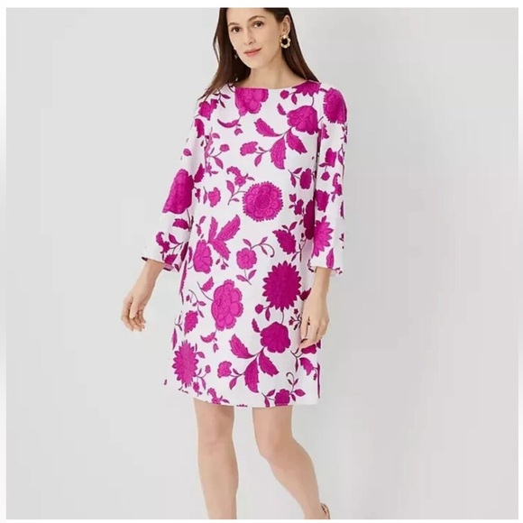 Ann Taylor Floral Linen Blend 3/4 Sleeve Shift Dress sz SP NWT pink/ white - Picture 1 of 9